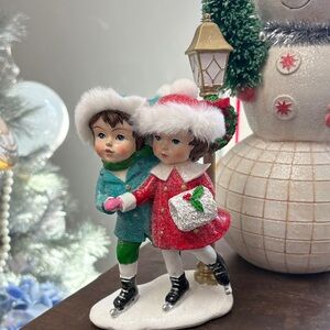Holiday Ice Skating Children Figurine - Red & Teal Christmas Decor